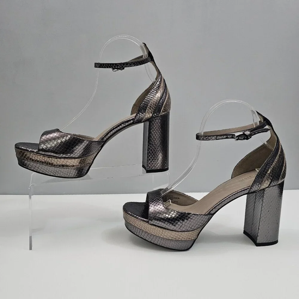 AllSaints Tia Platform Heel Sandal Womens 10 Metallic Bronze Gold Gray Embossed - Picture 2 of 16